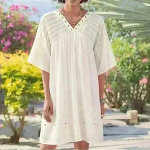 Sundance embroidered studded bell sleeve linen dress